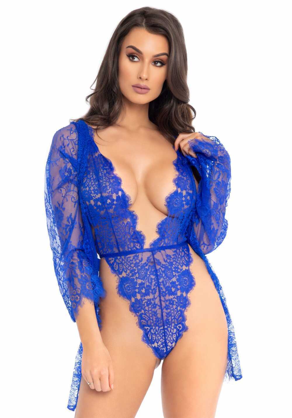 Blauwe kanten body met kamerjas